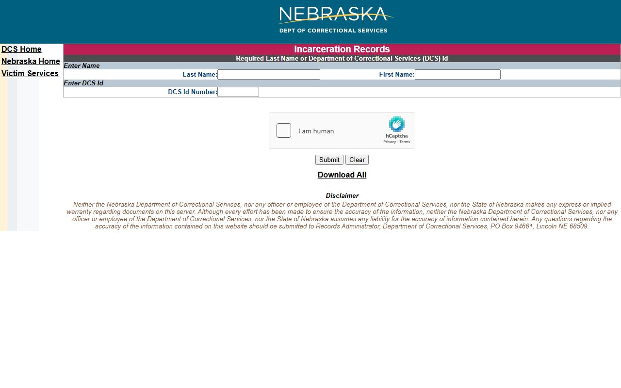 Perkins County inmate population NDCS state prison search form