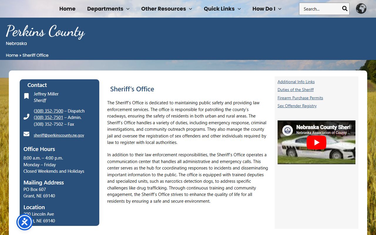 Perkins County inmate population sheriff office contact and jail management page