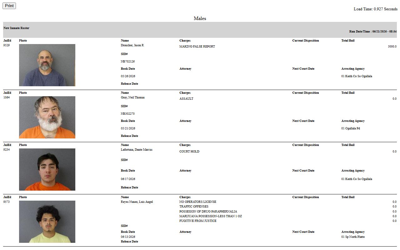 Perkins County inmate records on the Keith County Jail current roster