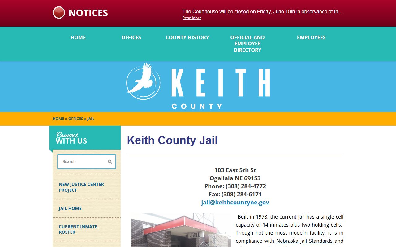 Keith County Jail official page showing facility address, capacity, and service to Perkins County