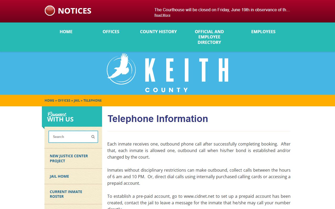 Keith County Jail telephone page explaining outbound booking calls and CIDNET phone access