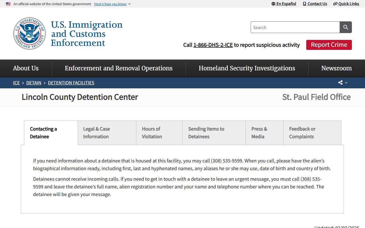 ICE facility listing for Lincoln County Detention Center with detainee information channel