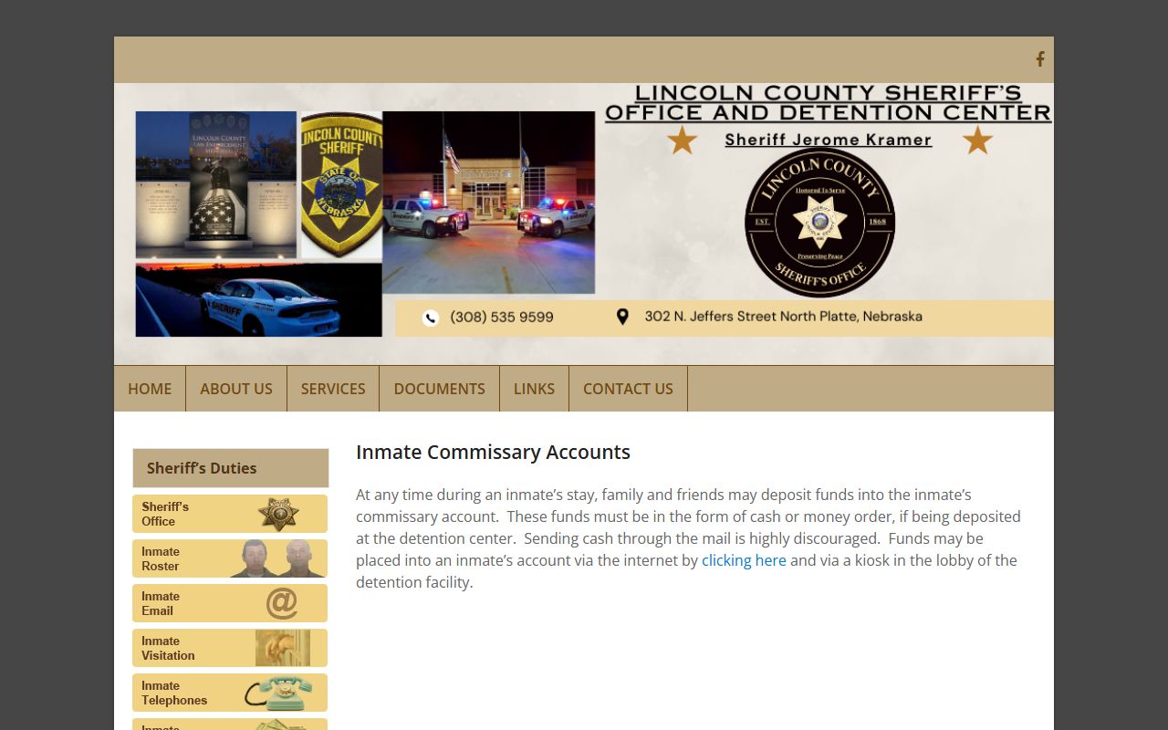 Lincoln County commissary page showing JailATM online deposit and lobby kiosk instructions