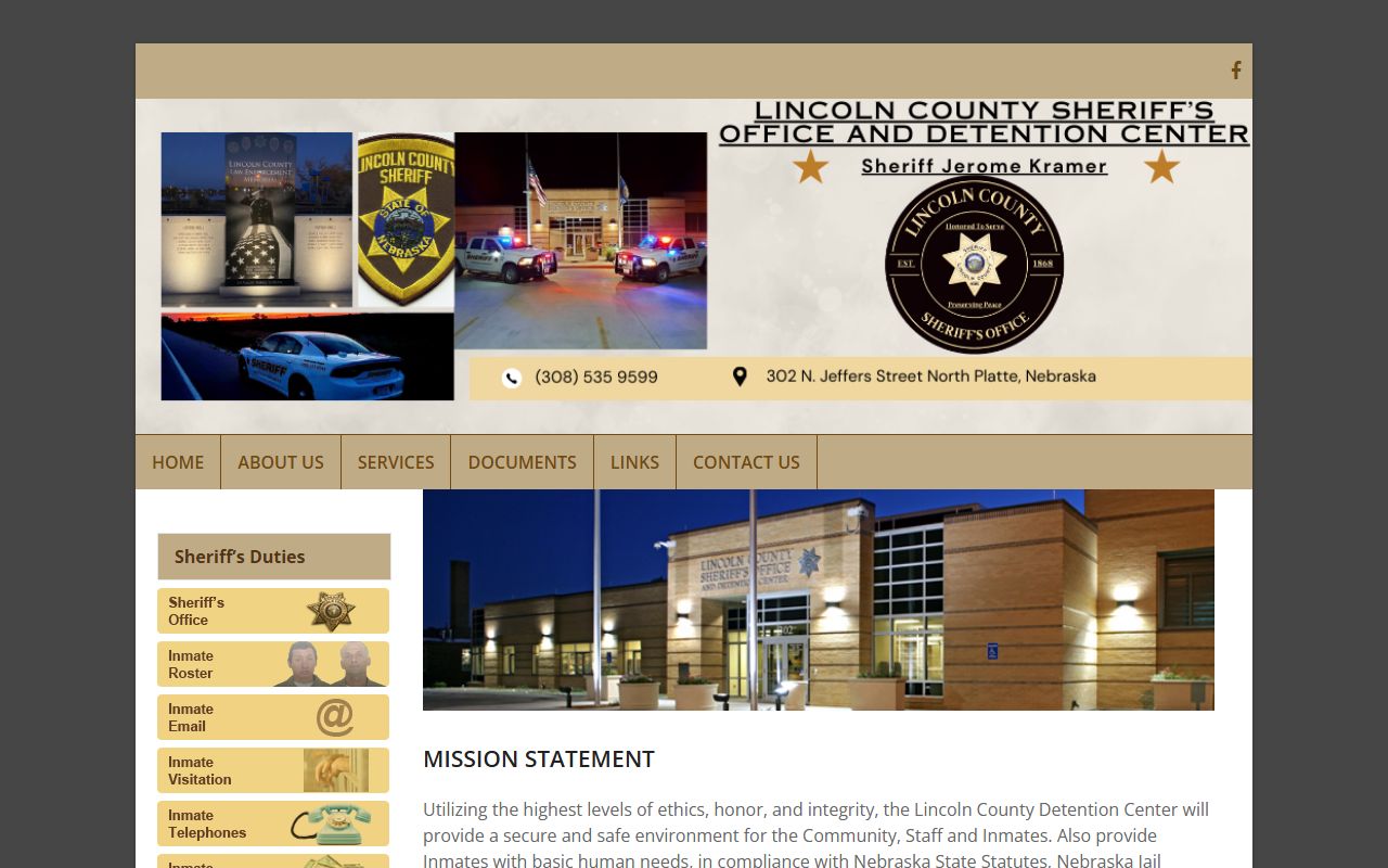 Lincoln County Detention Center official page showing address phone and inmate service links
